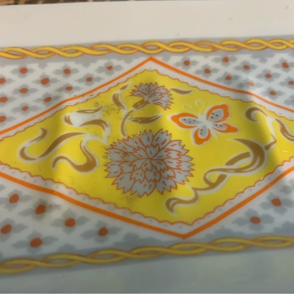 Vintage Rectangular China Soap Tray, white, yellow, orange, brown, butterfly